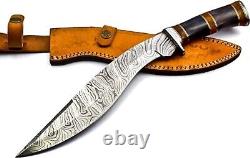 Handmade Damascus Steel Heavy Duty KUKRI Knife Sharp Blade, With Leather Sheath