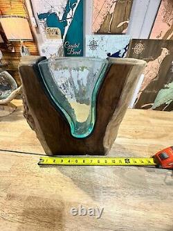 Vase Hand Blown Glass & Teak Wood Root- heavy duty vase Sculpture- Work of Art