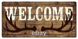 Welcome Deer Antlers Wood Look 24 Heavy Duty USA Made Metal Home Decor Sign